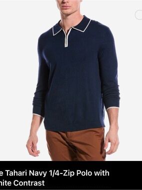Tahari Navy Polo Sweater with White Trim